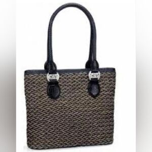Brighton Blue & Tan Leathet Straw Woven Tote Bag